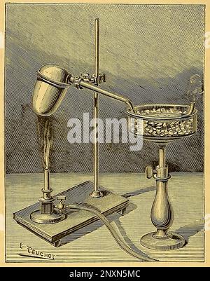 Henri Moissan (1852-1907) est un chimiste et pharmacien français qui a remporté le prix Nobel de chimie en 1906 pour son travail dans l'isolation de l'élément chimique fluor de ses composés, ce qu'il a fait en 1886. Illustration de 1887 par E. Peuchot. Banque D'Images