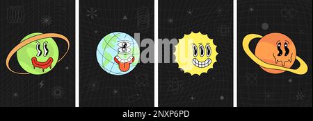 Des personnages de planète groovy rétro avec des visages smiley fondus sur un ensemble d'affiches d'espace abstrait. Mascottes terre, soleil et saturne sur des imprimés cosmiques. Écriteaux galaxies graphiques vintage. Bannières vectorielles tendance de style Y2K Illustration de Vecteur