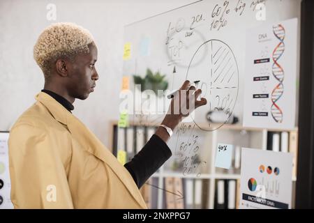 Jeune Africain confiant en tenue formelle écrivant à bord avec des autocollants en papier lors d'une réunion d'affaires dans une salle de bureau. Conférence de travail et concept de personnes. Banque D'Images