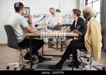 Homme caucasien présentant un rapport financier sur le suivi des collègues masculins multiraciaux au bureau moderne. Partenaires d'affaires assis à la réception. Concept de conférence d'affaires. Banque D'Images