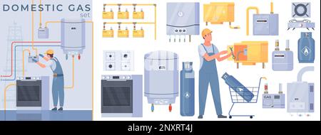 Kit de composition à plat de gaz domestique avec divers appareils ménagers et illustration vectorielle isolée par les travailleurs Illustration de Vecteur