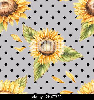 Motif aquarelle avec tournesol et points sur fond gris. Motif tournesol pour la conception de tissus, textiles, emballages, etc Banque D'Images