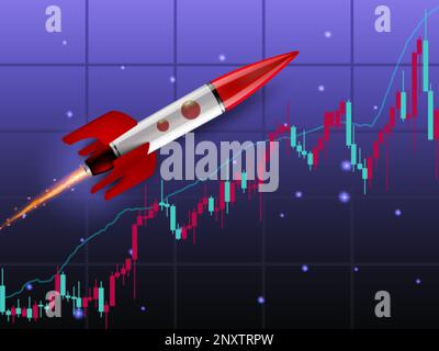 Graphique de trading montant haut avec fusée sur fond de gradient avec étoiles étincelantes illustration de vecteur plat Illustration de Vecteur