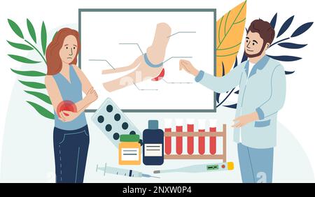 Douleur physique et blessure composition plate avec patient et médecin malheureux avec schéma et illustration du vecteur de traitement de médicament Illustration de Vecteur