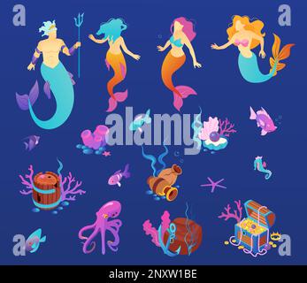 Ensemble de couleurs isométriques du monde sous-marin avec des icônes isolées de créatures mythiques avec des trésors de coraux et des illustrations vectorielles de poissons Illustration de Vecteur