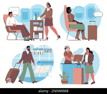 Ensemble de scènes avec les passagers de l'avion Illustration de Vecteur