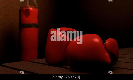 Sac de boxe abstrait et gants de boxe dans une pièce sombre. Conception. Concept de sport, lumière rouge sombre dans une pièce Banque D'Images