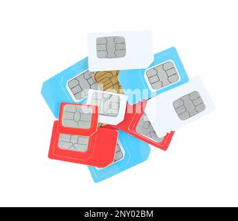 Pile de différentes cartes SIM sur fond blanc, vue du dessus Banque D'Images