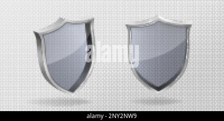 Jeu réaliste de protections en verre dans le cadre métallique vue avant et latérale isolée sur fond transparent. Illustration vectorielle du signe de protection png, symb Illustration de Vecteur