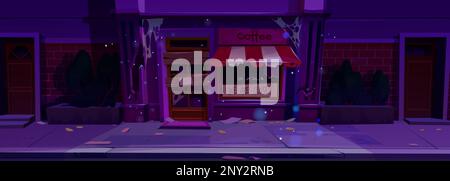 Façade abandonnée du café fermé la nuit. Dessin animé vectoriel de l'extérieur du café en faillite avec toile d'araignée, poussière sur le mur, verre brisé de fenêtre, Illustration de Vecteur