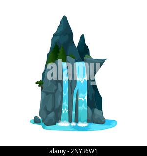 Cascade de dessins animés, cascade d'eau ou cours d'eau de montagne avec des éclaboussures et colline de pierre. Vecteur nature paysage de la cascade de rivière de montagne tombant sur des rochers avec des pins et des sapins Illustration de Vecteur