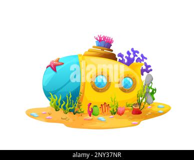Bateau sous-marin de dessin animé ou bathyscaphe, bâtiment de maison sous-marine, bateau jaune vectoriel. Demeure sous-marine de créatures aquatiques, sous-marin submergé ou bathyscaphe avec fenêtres et porte de hublot Illustration de Vecteur