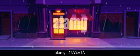 Bar sur la rue de la ville sur fond de dessins animés de nuit. Scène de ville par temps de pluie avec lumière dans la fenêtre du café. Paysage urbain pluvieux avec façade de bistro et tente. Café urbain sur le mur de briques. Illustration de Vecteur