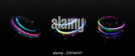 Ensemble réaliste d'effets de mouvement de lumière arc-en-ciel isolés sur un arrière-plan transparent. Illustration vectorielle d'un tourbillon magique et coloré, courbe abstraite en spirale étincelante de particules brillantes. Énergie positive Illustration de Vecteur