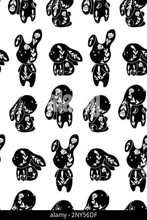 Motif vectoriel monochrome sans couture avec lapins et fleurs décorés. Texture pépinière avec lapins d'art folklorique noirs sur fond blanc. Fond puéril Illustration de Vecteur