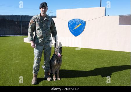 ÉTATS-UNIS Le sergent d'état-major de la Force aérienne Charles Gaines, entraîneur militaire de l'escadron 47th des forces de sécurité, pose avec Tuko, un chien de travail militaire, dans la zone d'entraînement des chiens de travail militaires de l'escadron 47th des forces de sécurité, à la base aérienne de Laughlin, au Texas, le 13 janvier 2023. Les maîtres-chiens de MWD utilisent leurs chiens pour effectuer des recherches de véhicules et des recherches dans des zones ouvertes, des bâtiments et d'autres endroits pour détecter des suspects, des explosifs ou des drogues illégales. Banque D'Images