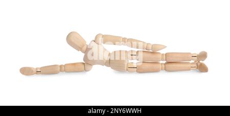 Modèle humain en bois sur fond blanc. Mini mannequin Banque D'Images