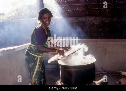 Préparation de gâteaux fermentés de riz-Bater, idlis pour une fête de mariage de Nagarathars Tamil Nadu, Inde Banque D'Images