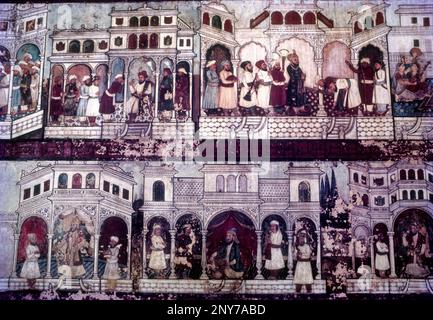 18th fresques du siècle, peintures murales dans le Daria Daulat Bagh, palais d'été de Tipu Sultan, Tigre de Mysore à Srirangapatna près de Mysuru, Karnataka, Inde Banque D'Images
