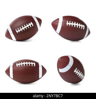 Ensemble de ballons de football américain en cuir sur fond blanc. Équipement de football Banque D'Images