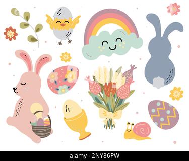 ensemble d'illustrations vectorielles plates pâques lapins oeufs fleurs Illustration de Vecteur
