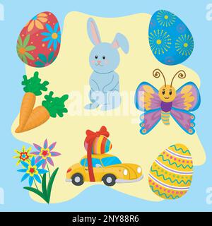 ensemble de vacances joyeuses pâques avec des éléments d'oeufs, fleurs, papillon, carottes, lapin, voiture et œuf Illustration de Vecteur