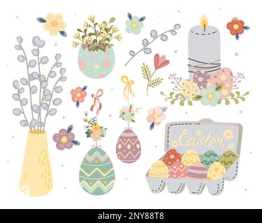 Un ensemble d'illustrations vectorielles sur les branches de Pâques péchées oeufs de Pâques Illustration de Vecteur