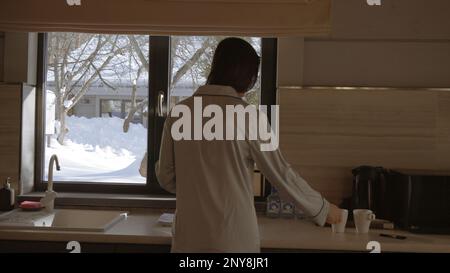Vue arrière d'une femme qui fait des boissons chaudes devant la fenêtre et l'hiver dehors. Action. Cuisine confortable et une fille faisant le thé du matin Banque D'Images