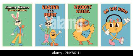 Groovy hippie joyeuses Pâques affiches. Œufs de Pâques, lapin, poussins. Carte vectorielle dans un style de dessin animé rétro tendance 60s 70s Illustration de Vecteur