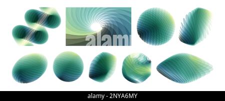 Ensemble de sphères, ovales, en spirale et autres formes. Arrière-plan ondulé abstrait avec effet dynamique. Mouvement de rotation et de rotation. Illustration en variou Illustration de Vecteur