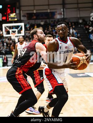 L'équipe de basket-ball de GB mens perd en Belgique 59- 88 lors d'une qualification à la coupe du monde FIBA à Newcastle vertu Arena le 24 février 2023. GB Amin Copyright caroljmoir/Alamy Banque D'Images
