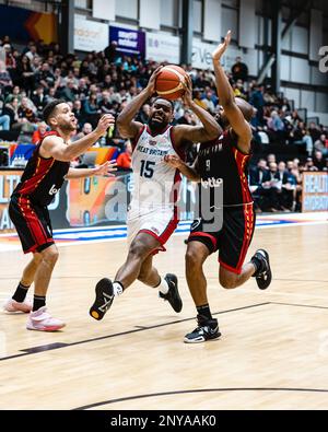 L'équipe de basket-ball de GB mens perd en Belgique 59- 88 lors d'une qualification à la coupe du monde FIBA à Newcastle vertu Arena le 24 février 2023. GB Kyle Johnson. Copyright caroljmoir/Alamy Banque D'Images