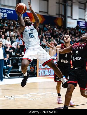 L'équipe de basket-ball de GB mens perd en Belgique 59- 88 lors d'une qualification à la coupe du monde FIBA à Newcastle vertu Arena le 24 février 2023. GB Kyle Johnson. Copyright caroljmoir/Alamy Banque D'Images