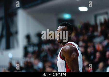 L'équipe de basket-ball de GB mens perd en Belgique 59- 88 lors d'une qualification à la coupe du monde FIBA à Newcastle vertu Arena le 24 février 2023. GB Amin Adamu. copyright caroljmoir/Alamy Banque D'Images