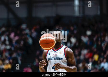 L'équipe de basket-ball de GB mens perd en Belgique 59- 88 lors d'une qualification à la coupe du monde FIBA à Newcastle vertu Arena le 24 février 2023. GB Amin Adamu. copyright caroljmoir/Alamy Banque D'Images