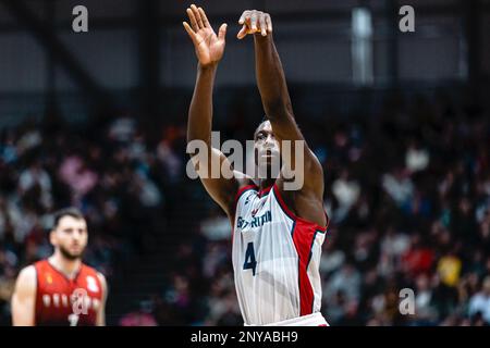 L'équipe de basket-ball de GB mens perd en Belgique 59- 88 lors d'une qualification à la coupe du monde FIBA à Newcastle vertu Arena le 24 février 2023. GB Amin Adamu. copyright caroljmoir/Alamy Banque D'Images
