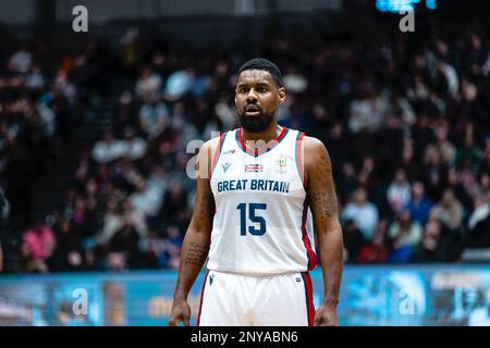 L'équipe de basket-ball de GB mens perd en Belgique 59- 88 lors d'une qualification à la coupe du monde FIBA à Newcastle vertu Arena le 24 février 2023. GB Kyle Johnson. copyright caroljmoir/Alamy Banque D'Images