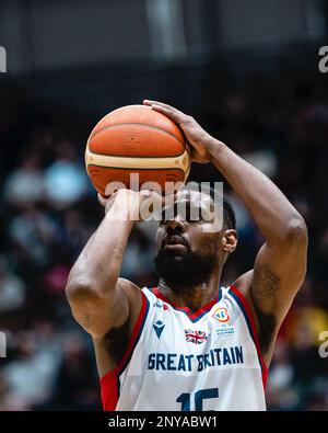 L'équipe de basket-ball de GB mens perd en Belgique 59- 88 lors d'une qualification à la coupe du monde FIBA à Newcastle vertu Arena le 24 février 2023. GB Kyle Johnson. copyright caroljmoir/Alamy Banque D'Images
