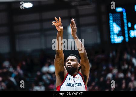 L'équipe de basket-ball de GB mens perd en Belgique 59- 88 lors d'une qualification à la coupe du monde FIBA à Newcastle vertu Arena le 24 février 2023. GB Kyle Johnson. copyright caroljmoir/Alamy Banque D'Images