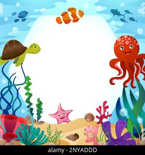 Animaux de la vie de mer avec scène d'océan et espace de copie hexagonal . Style de dessin animé . Vecteur . Illustration de Vecteur