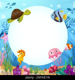 Animaux de la vie de mer avec scène de l'océan et espace de copie circulaire . Style de dessin animé . Vecteur . Illustration de Vecteur