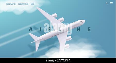 Illustration Vector 3D de l'avion dans la vue de dessus des nuages. Modèle de bannière de la page d'accueil du service de réservation ou du site Web de l'agence de voyages. Bannière publicitaire. Illustration de Vecteur