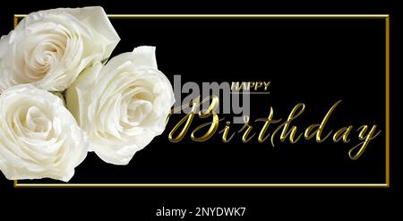 carte d'anniversaire avec fleurs roses blanches Banque D'Images