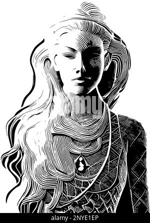 Femme figure dessin vectoriel illustration, jeune fille portrait isolé sur fond blanc dessin artistique avec espace pour le texte Illustration de Vecteur