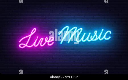 Live Music Neon signe sur fond de mur de brique . Illustration de Vecteur