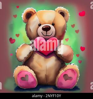 aquarelle, couleur, ligne, esquisse, tracé à la main, arrière-plan, valentin, romantique, jour de la saint-valentin, enfance, symbole, ours en peluche, graphique, ours, marron, il Banque D'Images