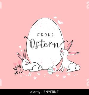 Jolis motifs de pâques dessinés à la main avec texte en allemand 'Happy Easter' mignon lapins dessinés à la main, oeufs et décoration - motif vectoriel Illustration de Vecteur