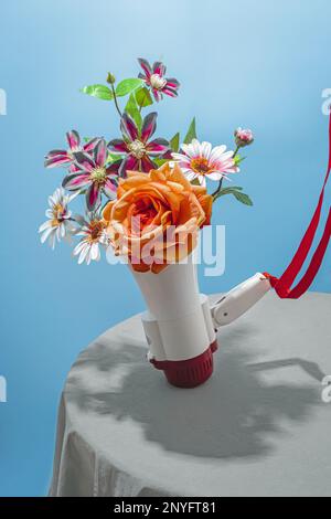 Bouquet de roses et de blancs avec fleurs beige et feuilles vertes haut-parleur blanc sur table sur fond bleu Banque D'Images