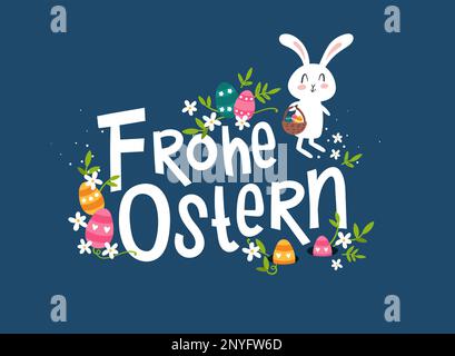 Jolis motifs de pâques dessinés à la main avec texte en allemand 'Happy Easter' mignon lapins dessinés à la main, oeufs et décoration - motif vectoriel Illustration de Vecteur