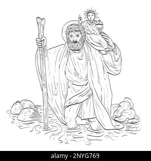 Dessin d'art de ligne illustration de Saint Christopher, Saint patron des voyageurs portant l'enfant Jésus dans le style médiéval sur un fond isolé. Banque D'Images